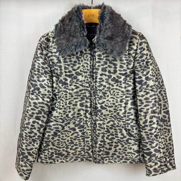 Peck & Peck Faux Fur Collared Leopard Print Full Zip Puffer Quilted Jacket - Picture 1 of 11